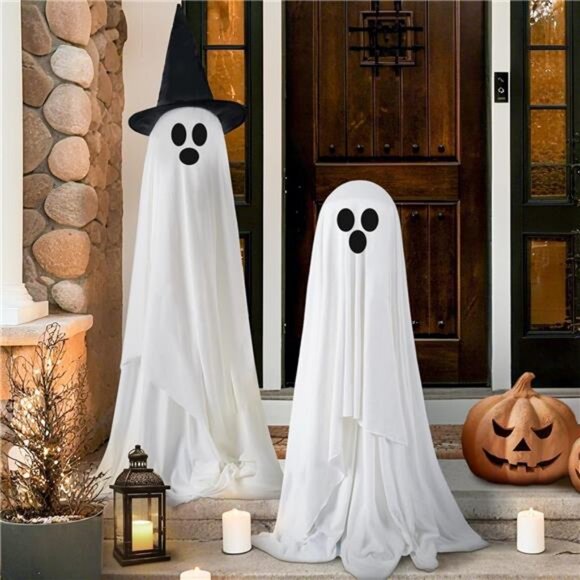 2 Pack Large Light-Up Spooky Ghosts with 8 Mode LED Light and 2 Witch Hats - Picture 5 of 7